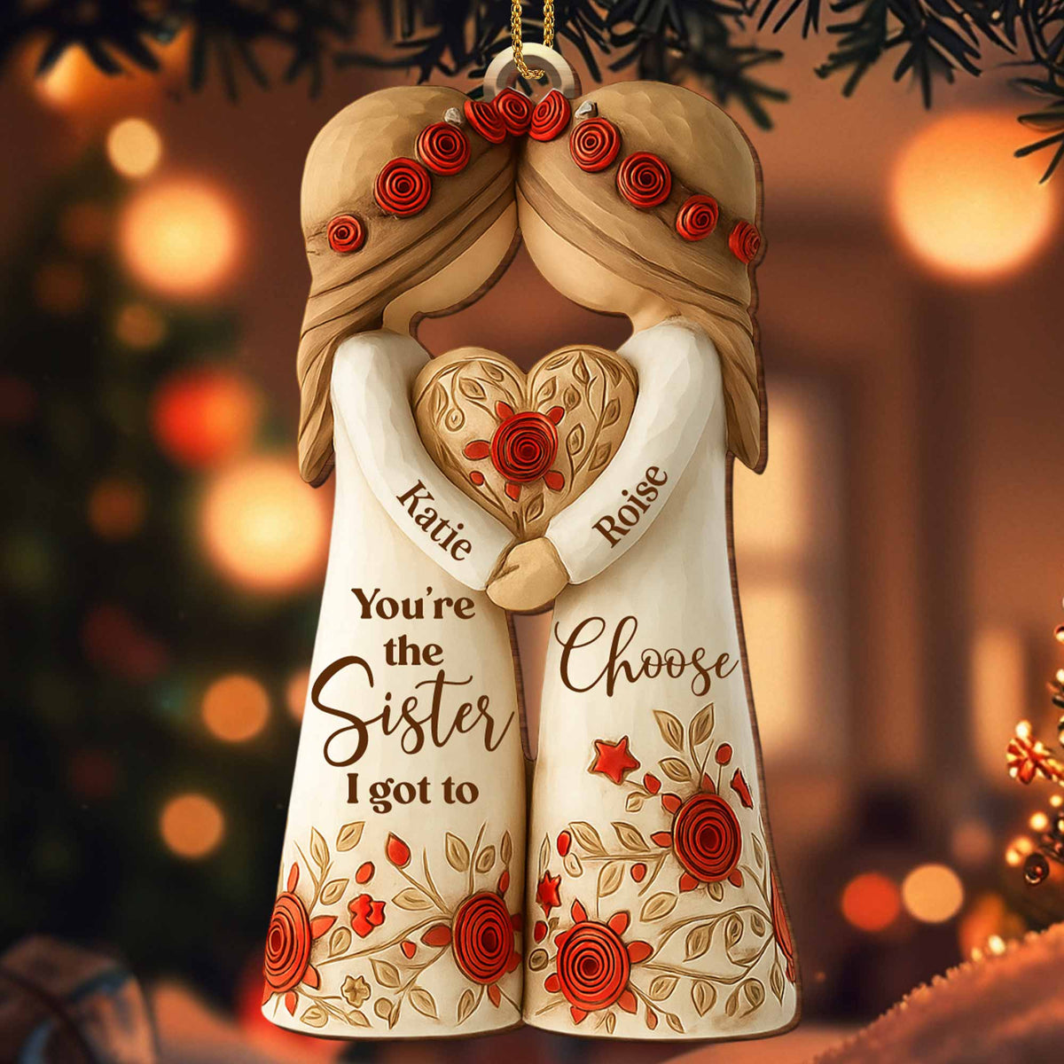 Custom "Sister I Got To Choose" Wood Ornament - Personalized Bestie Floral Keepsake - Christmas Tree Decoration Gift for Best Friends - 4