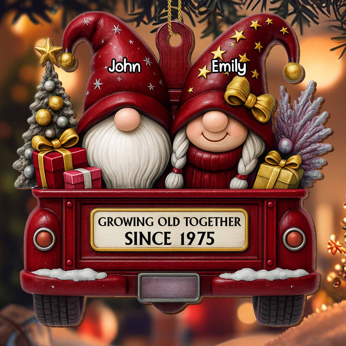 Growing Old Together, Red Truck With Christmas Gnomes, Custom Wood Ornament, Gift for Couples and Parents - 6