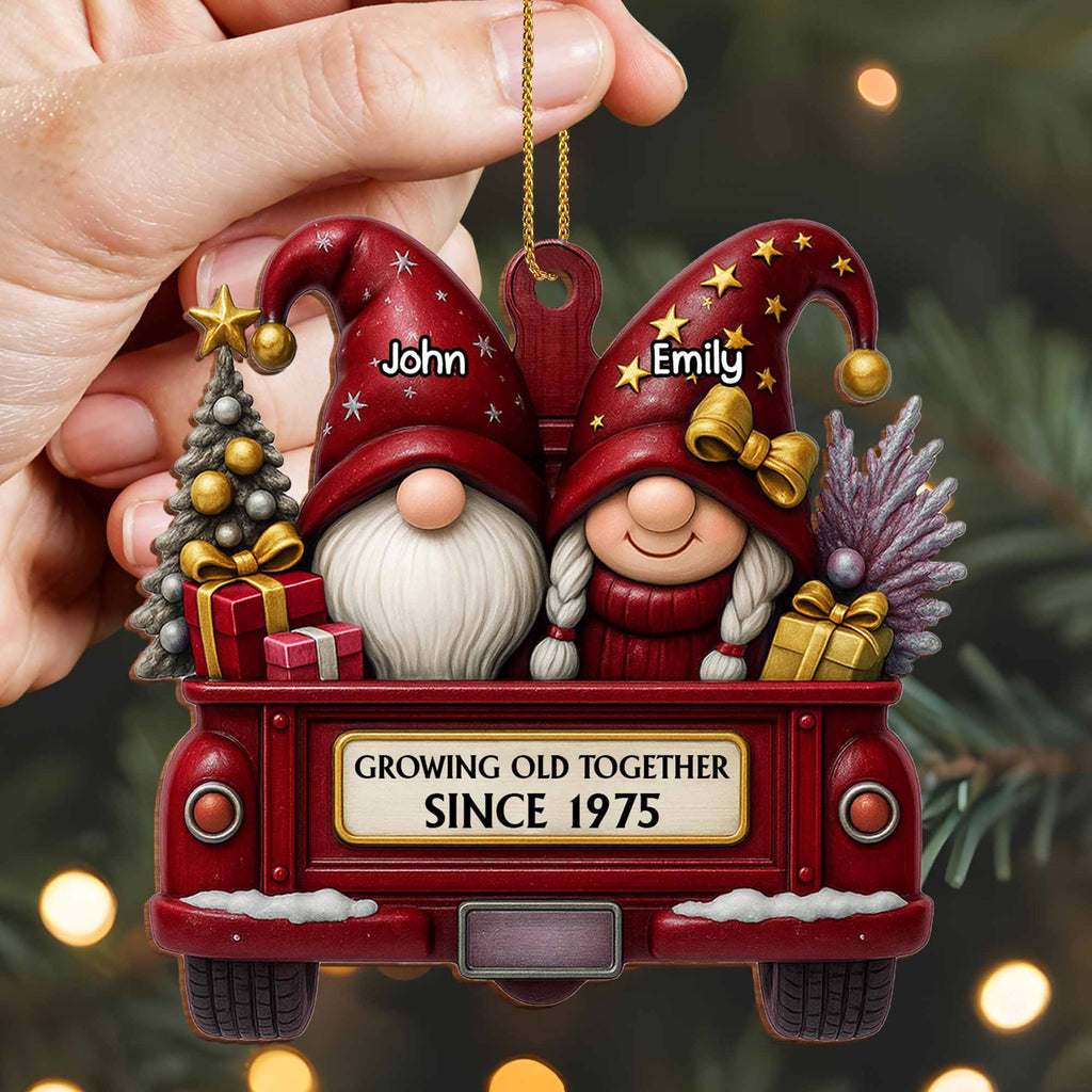 Growing Old Together, Red Truck With Christmas Gnomes, Custom Wood Ornament, Gift for Couples and Parents - 3