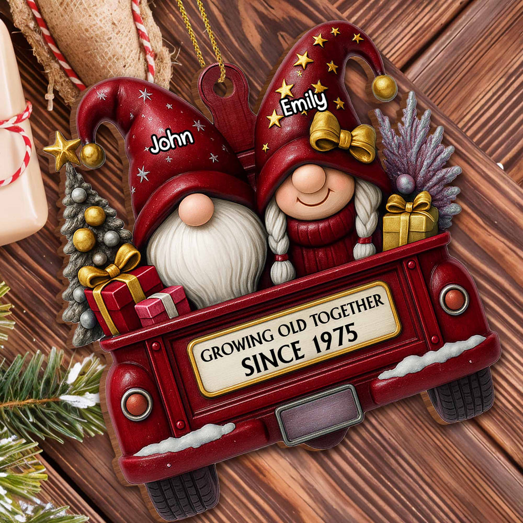 Growing Old Together, Red Truck With Christmas Gnomes, Custom Wood Ornament, Gift for Couples and Parents - 5
