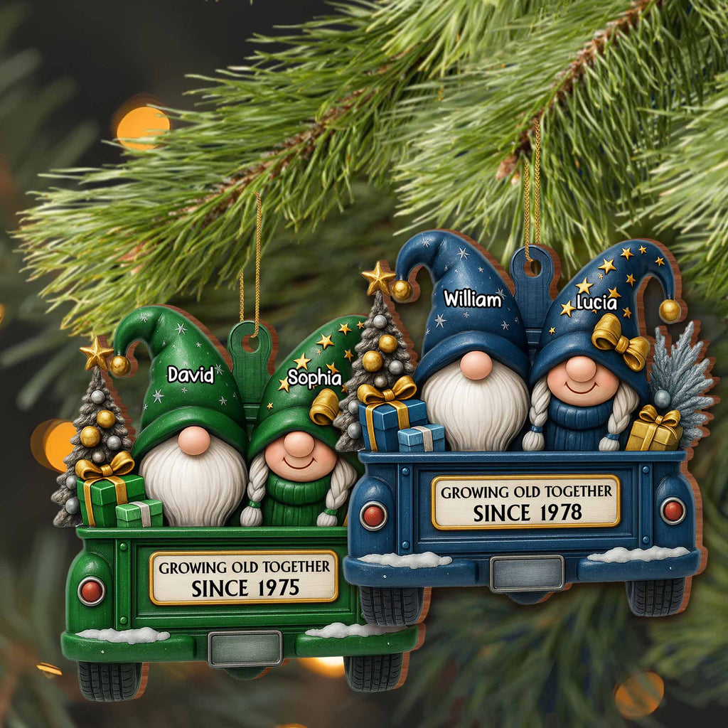 Growing Old Together, Red Truck With Christmas Gnomes, Custom Wood Ornament, Gift for Couples and Parents - 4