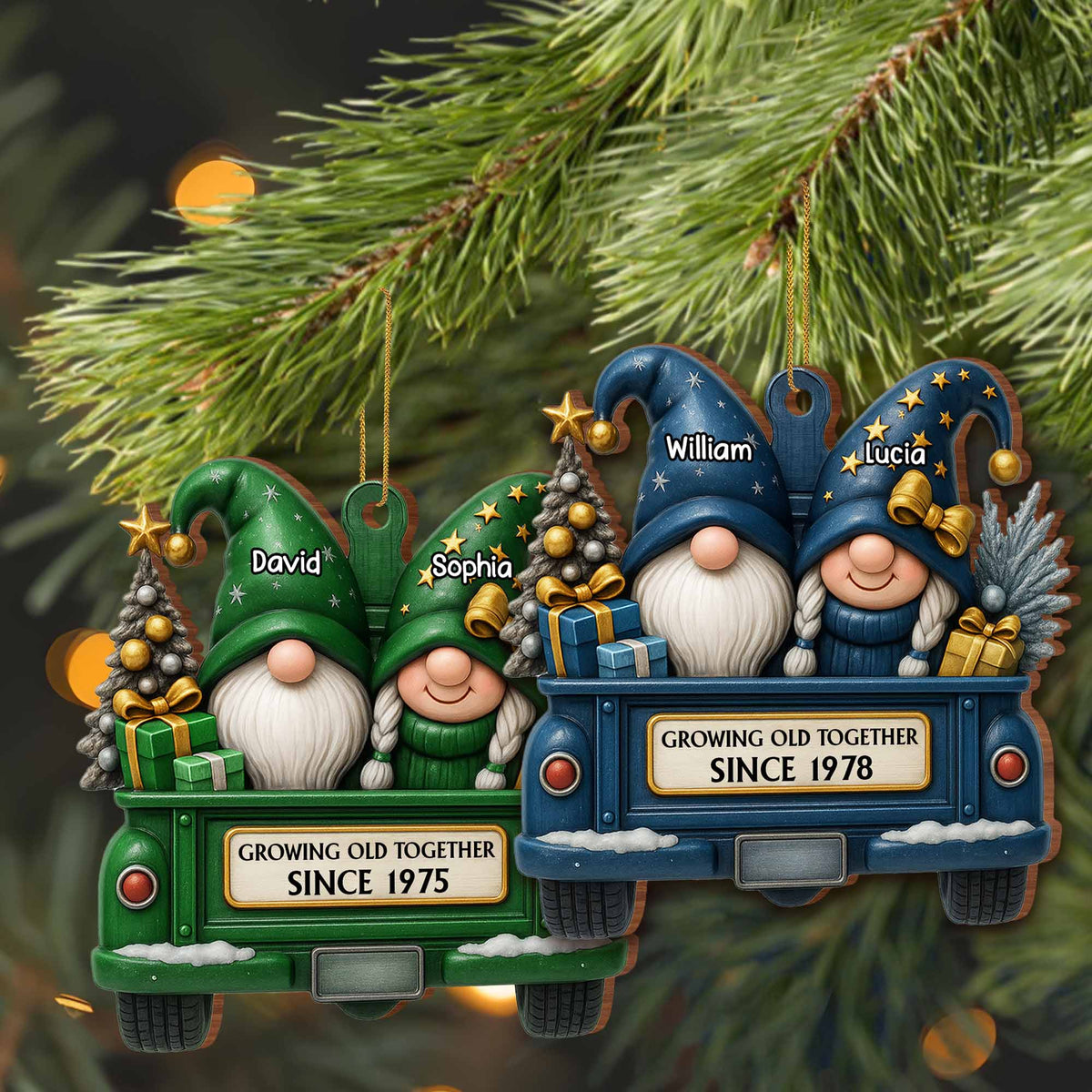Growing Old Together, Red Truck With Christmas Gnomes, Custom Wood Ornament, Gift for Couples and Parents - 4