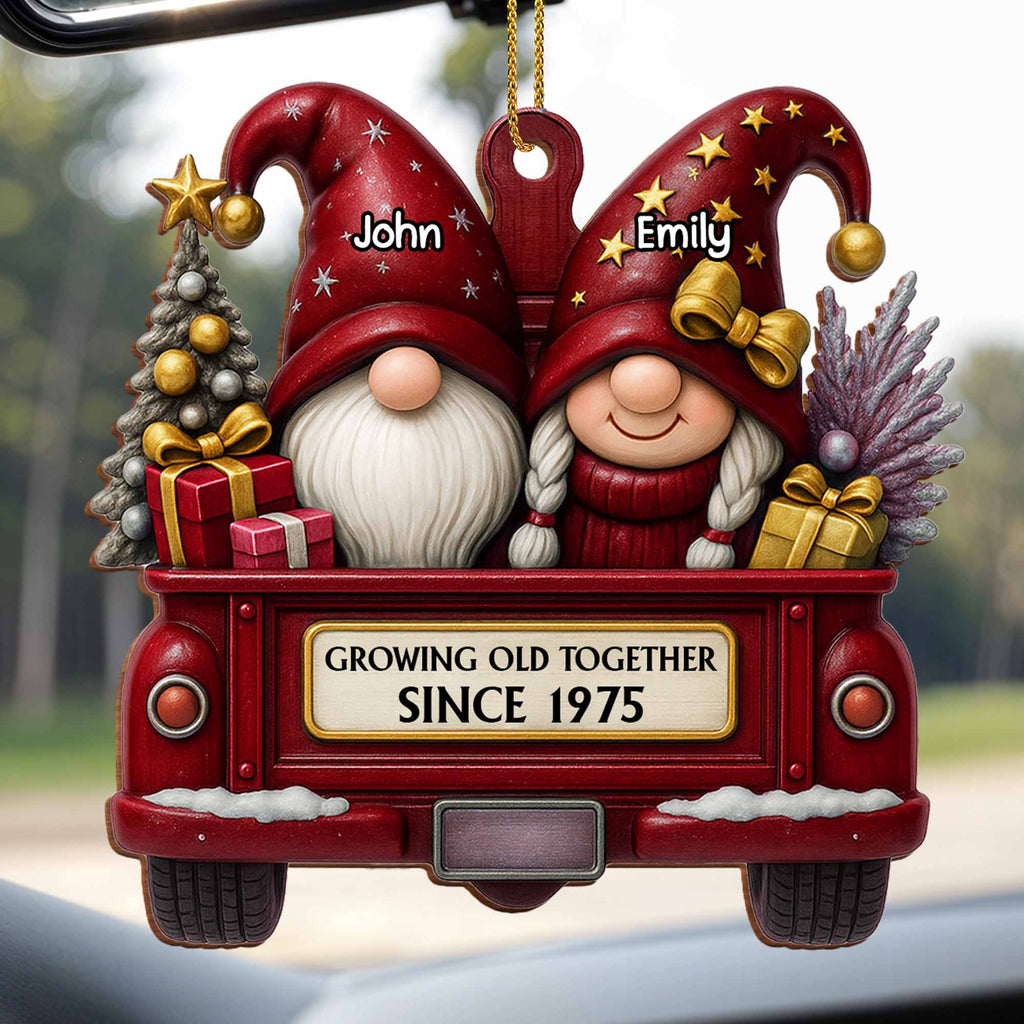 Growing Old Together, Red Truck With Christmas Gnomes, Custom Wood Ornament, Gift for Couples and Parents - 2