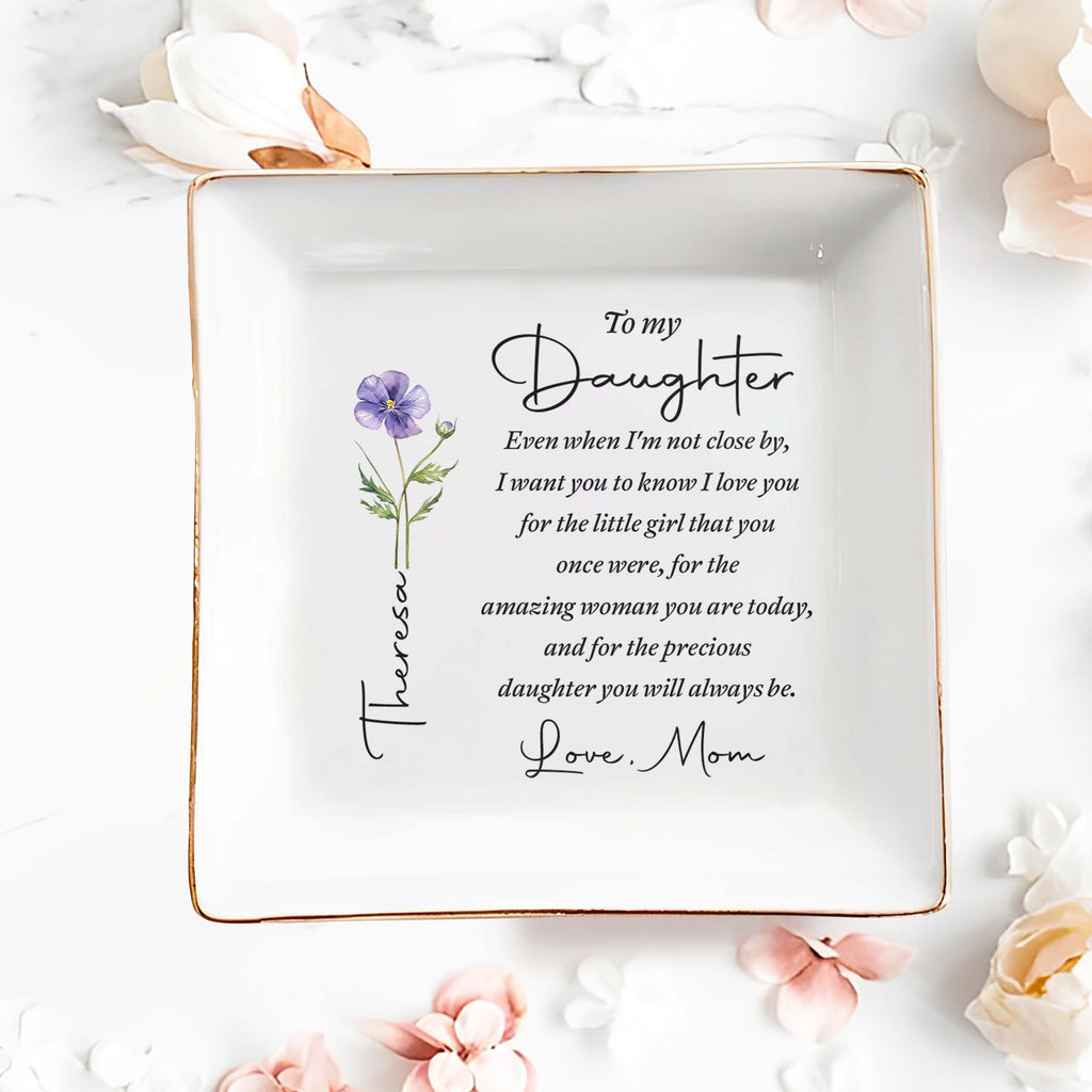 Personalized "To My Daughter" Square Ceramic Jewelry Dish - Custom Trinket Ring Holder Bowl - Birthday, Graduation Floral Gift for Her - 2