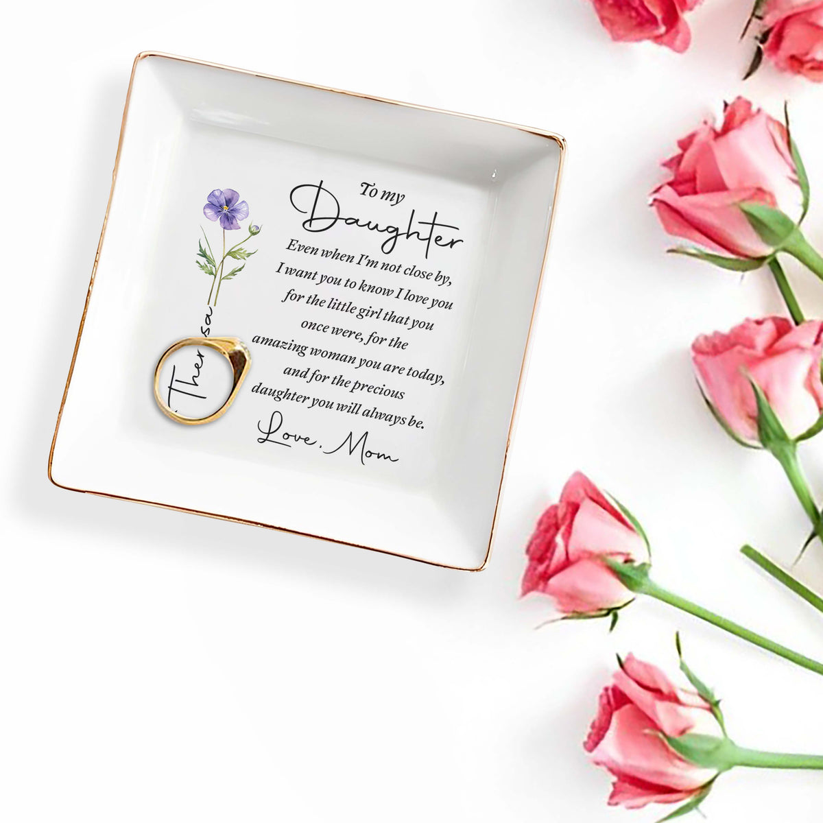 Personalized "To My Daughter" Square Ceramic Jewelry Dish - Custom Trinket Ring Holder Bowl - Birthday, Graduation Floral Gift for Her - 3