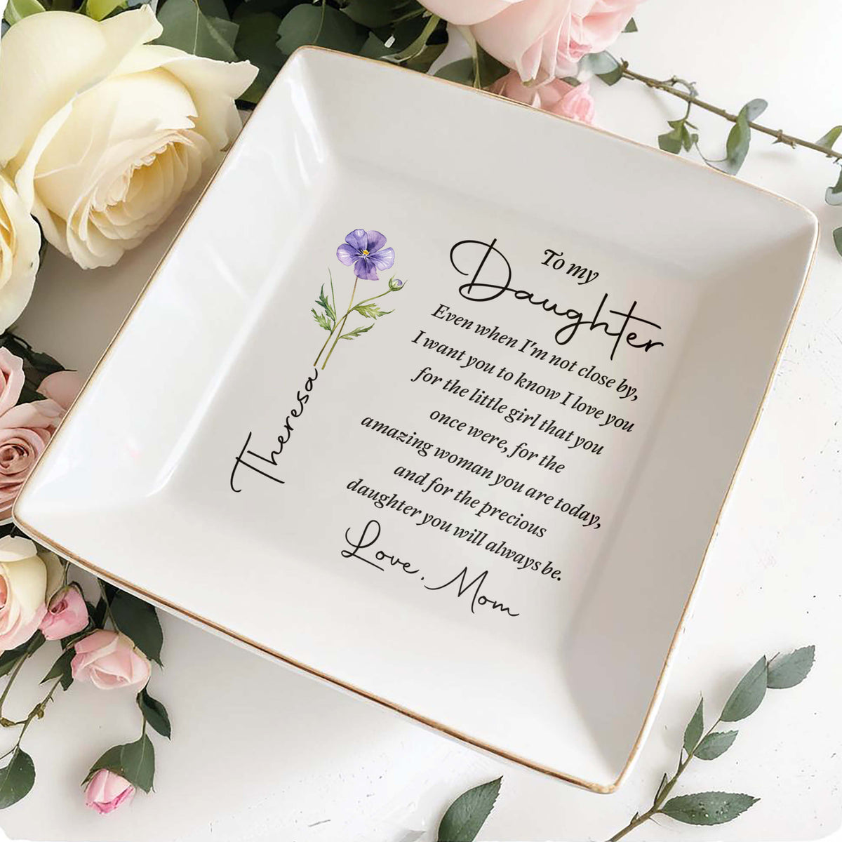 Personalized "To My Daughter" Square Ceramic Jewelry Dish - Custom Trinket Ring Holder Bowl - Birthday, Graduation Floral Gift for Her - 4