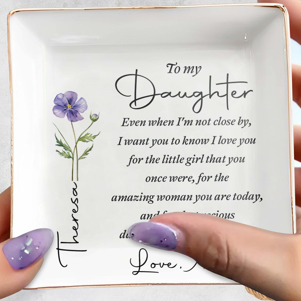 Personalized "To My Daughter" Square Ceramic Jewelry Dish - Custom Trinket Ring Holder Bowl - Birthday, Graduation Floral Gift for Her - 6