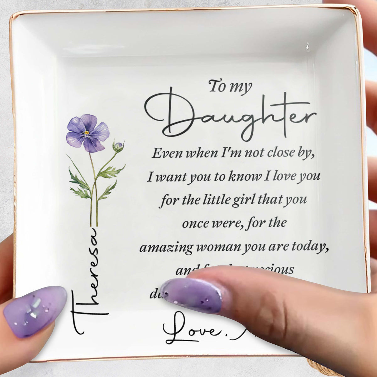 Personalized "To My Daughter" Square Ceramic Jewelry Dish - Custom Trinket Ring Holder Bowl - Birthday, Graduation Floral Gift for Her - 6