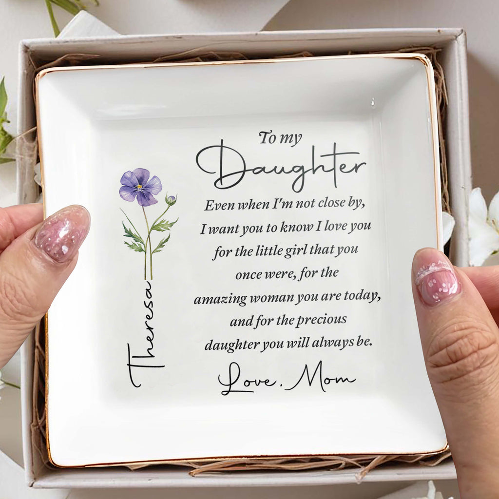 Personalized "To My Daughter" Square Ceramic Jewelry Dish - Custom Trinket Ring Holder Bowl - Birthday, Graduation Floral Gift for Her - 7
