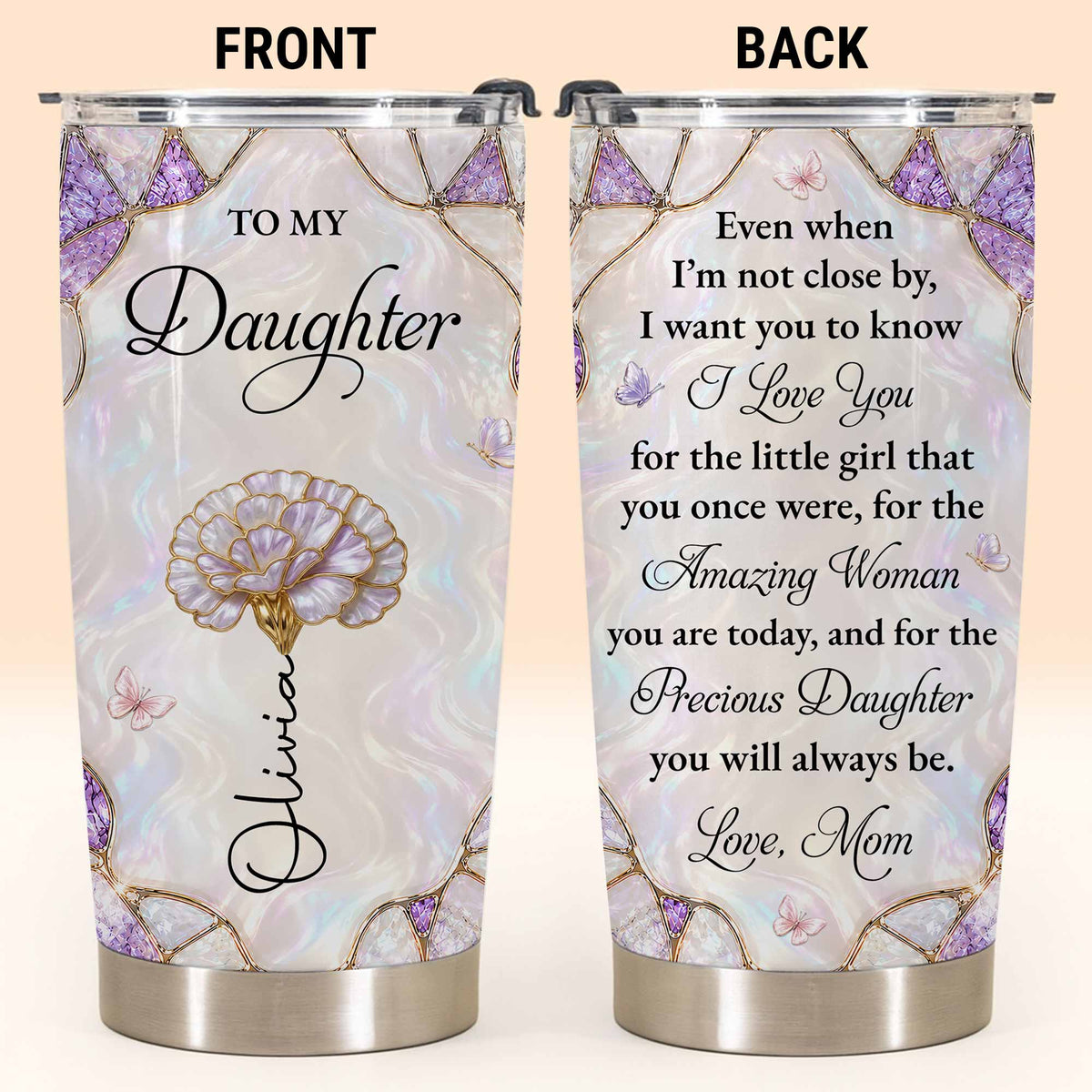 Personalized "To My Daughter" 20oz Stainless Steel Tumbler - Custom Flower & Butterfly Travel Mug - Birthday, Graduation Gift from Mom, Dad - 2