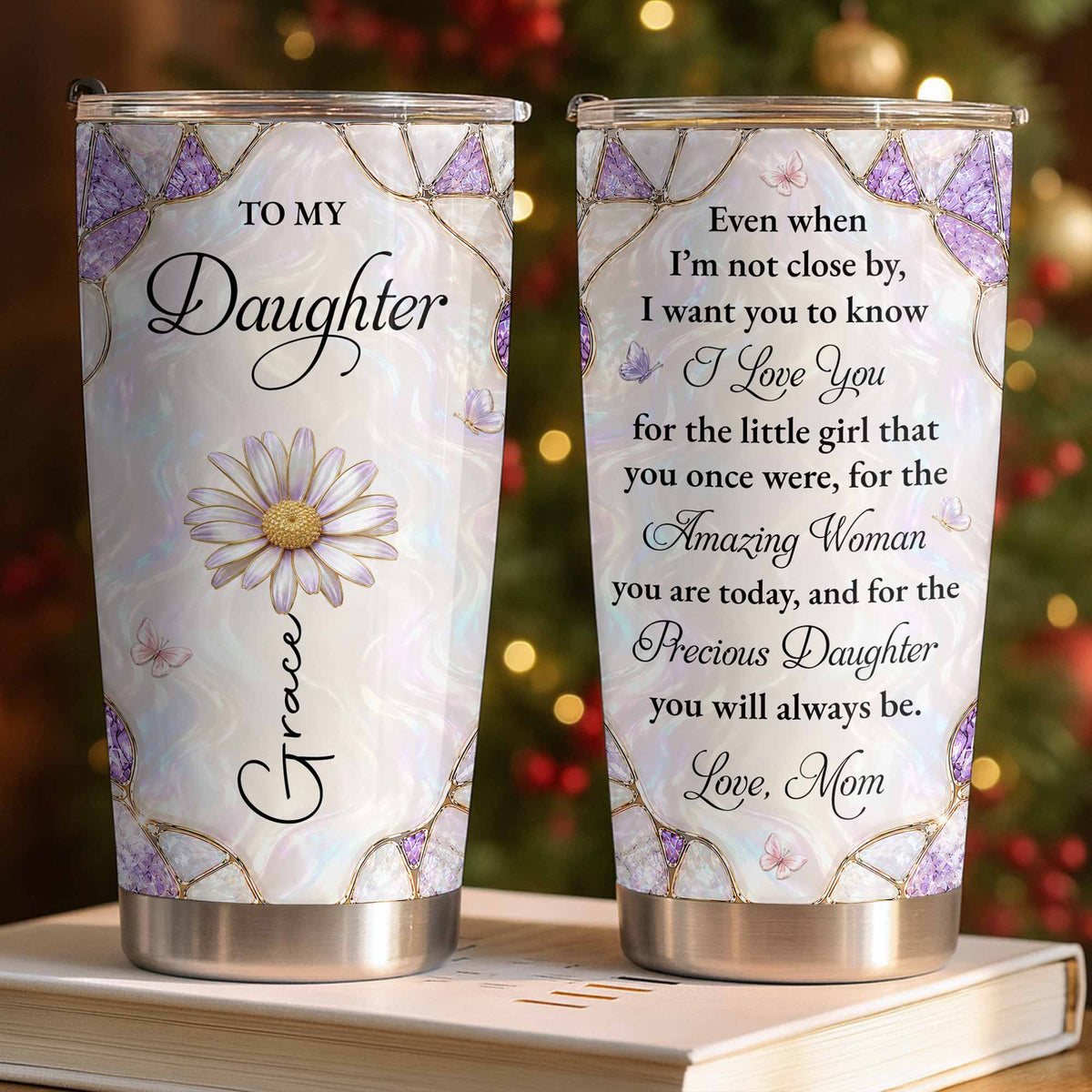 Personalized "To My Daughter" 20oz Stainless Steel Tumbler - Custom Flower & Butterfly Travel Mug - Birthday, Graduation Gift from Mom, Dad - 4