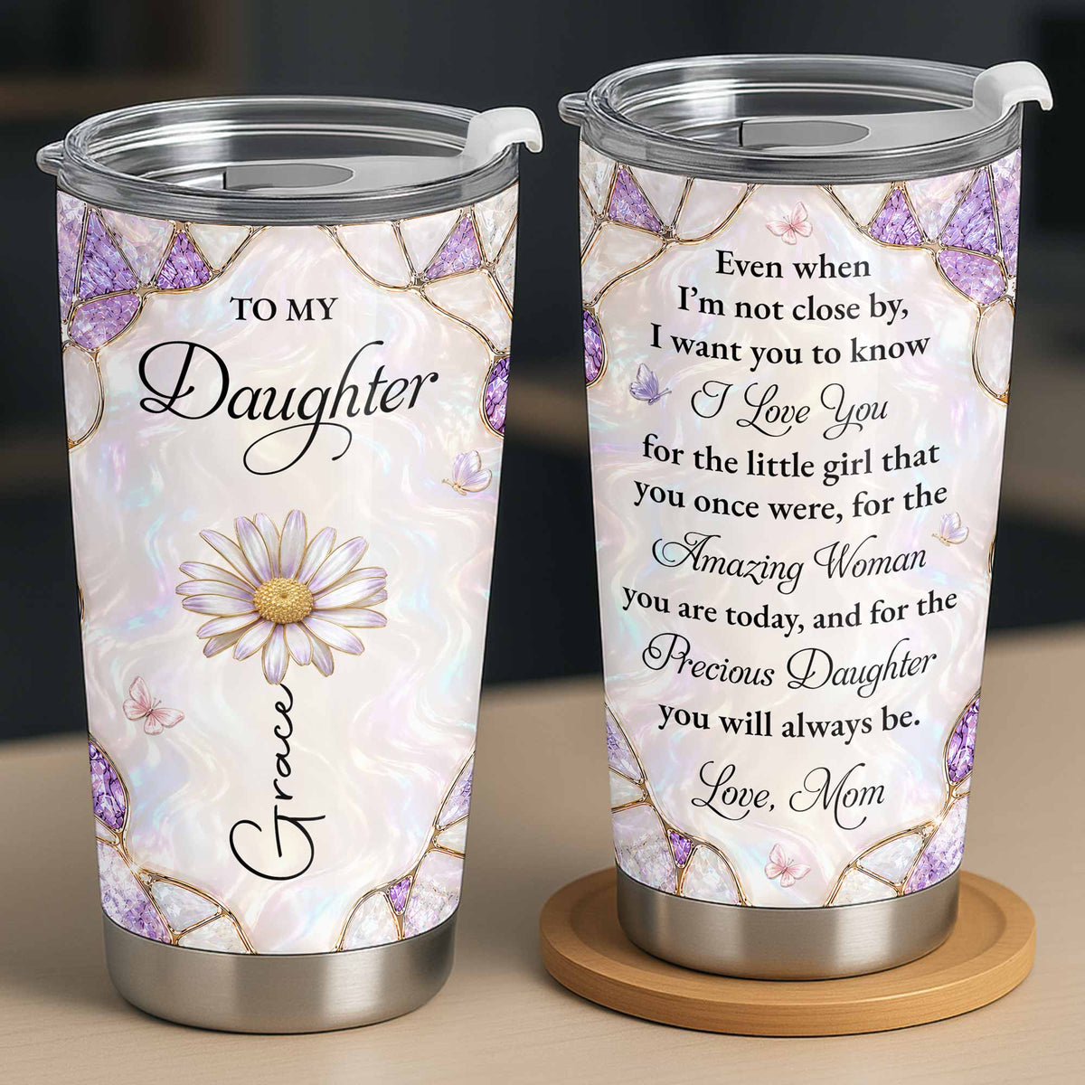 Personalized "To My Daughter" 20oz Stainless Steel Tumbler - Custom Flower & Butterfly Travel Mug - Birthday, Graduation Gift from Mom, Dad - 8