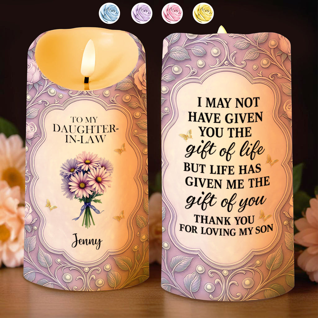 To My Daughter-In-Law, Gift Of Life, Flowers and Butterflies, Custom LED Candle, Gift For Daughter-In-Laws - 1