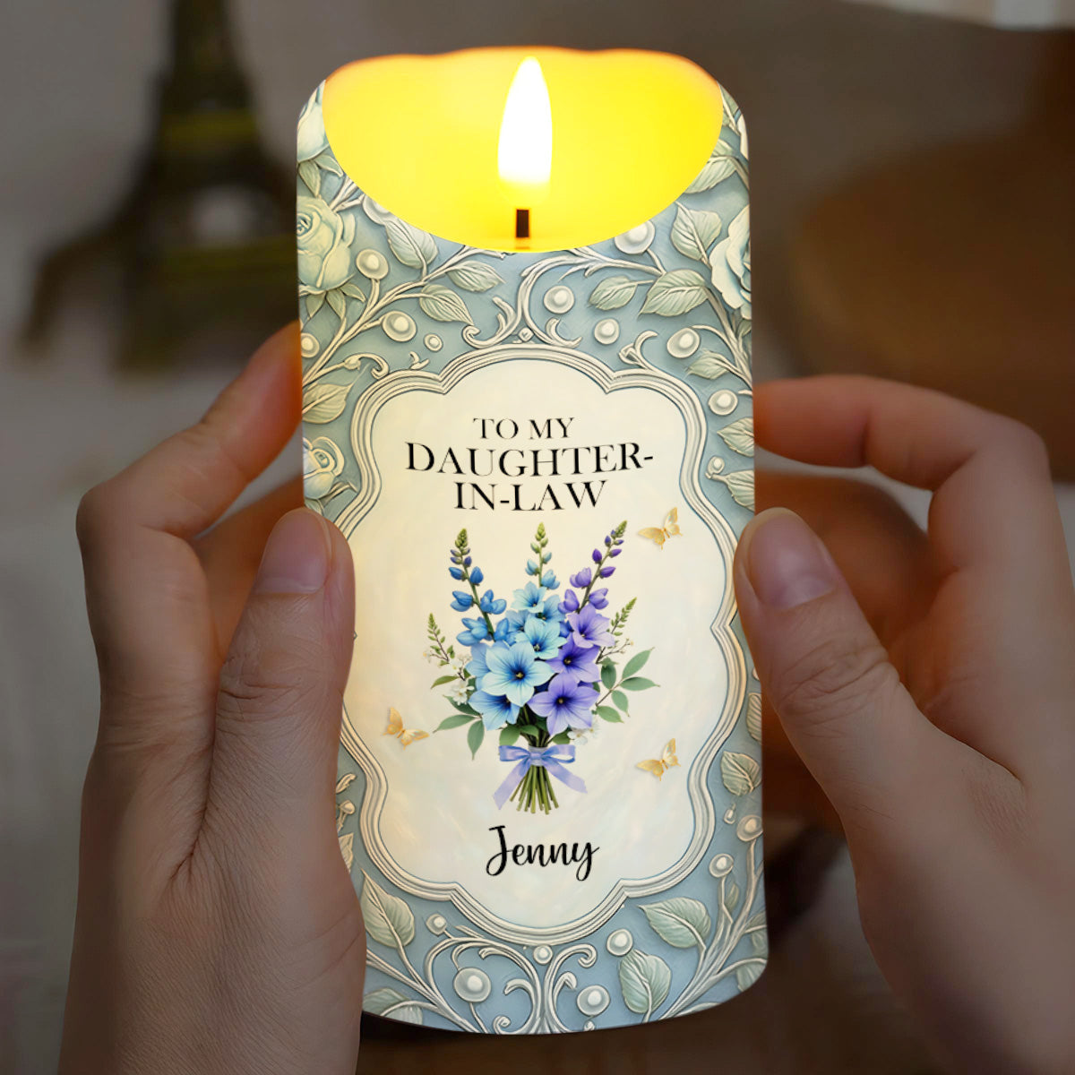 To My Daughter-In-Law, Gift Of Life, Flowers and Butterflies, Custom LED Candle, Gift For Daughter-In-Laws - 8