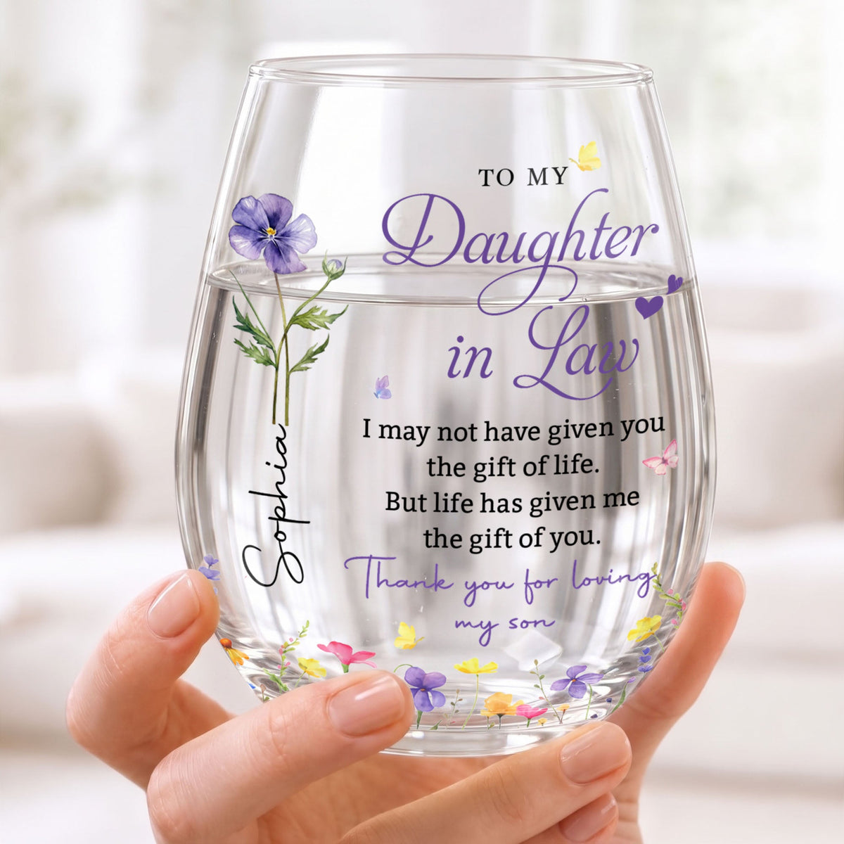 Personalized "To My Daughter-In-Law" Stemless Wine Glass - Custom 15oz Birth Flower Wine Cup - Bridal Shower, Birthday Gift for Her - 1