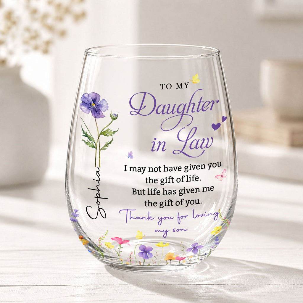 Personalized "To My Daughter-In-Law" Stemless Wine Glass - Custom 15oz Birth Flower Wine Cup - Bridal Shower, Birthday Gift for Her - 2