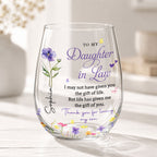 Personalized "To My Daughter-In-Law" Stemless Wine Glass - Custom 15oz Birth Flower Wine Cup - Bridal Shower, Birthday Gift for Her - 2