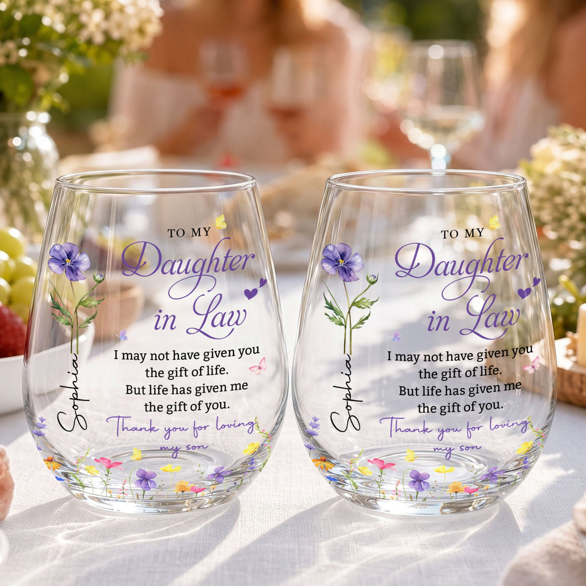 Personalized "To My Daughter-In-Law" Stemless Wine Glass - Custom 15oz Birth Flower Wine Cup - Bridal Shower, Birthday Gift for Her - 4