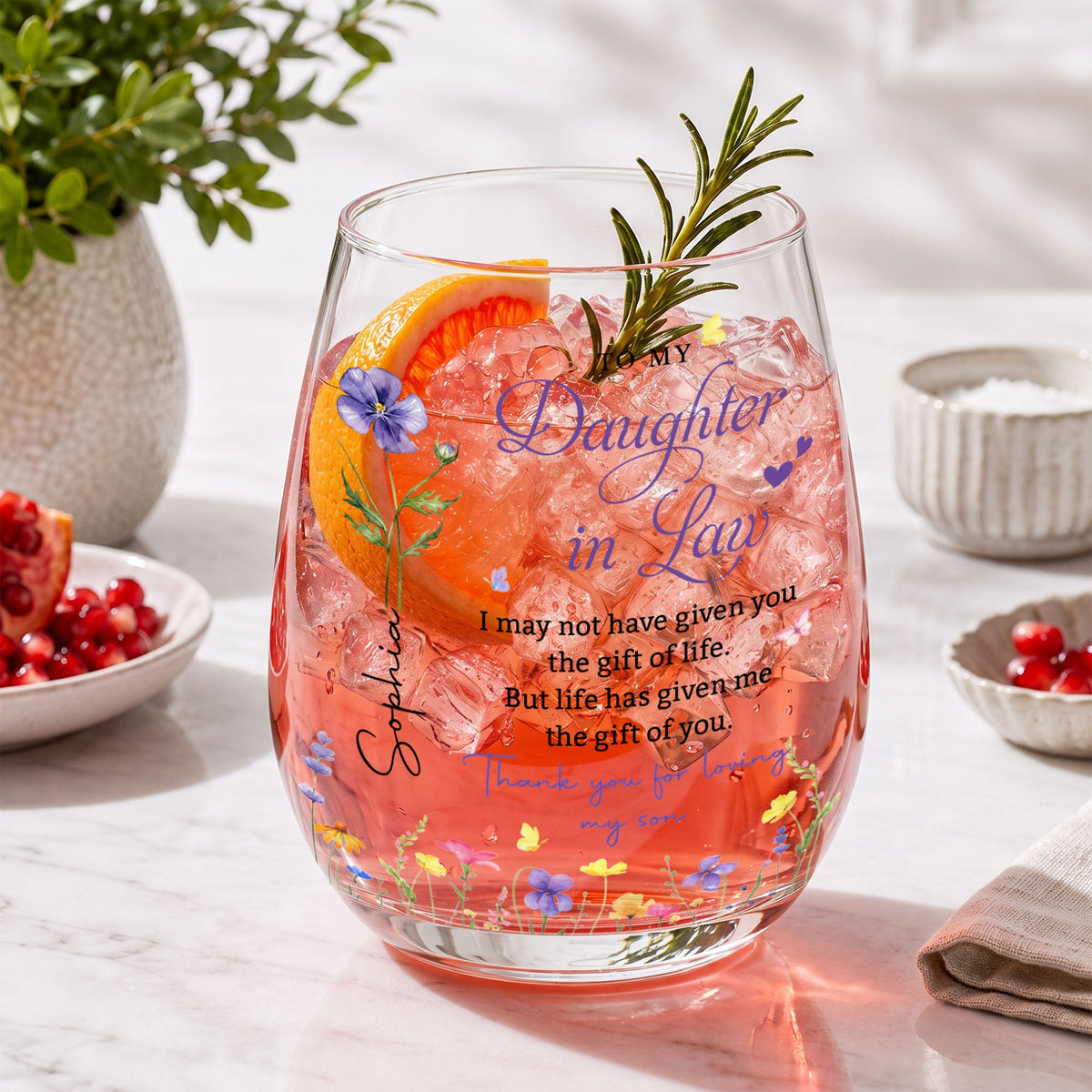 Personalized "To My Daughter-In-Law" Stemless Wine Glass - Custom 15oz Birth Flower Wine Cup - Bridal Shower, Birthday Gift for Her - 5