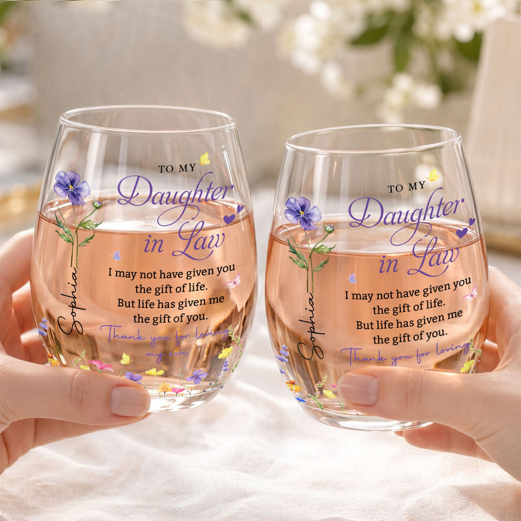 Personalized "To My Daughter-In-Law" Stemless Wine Glass - Custom 15oz Birth Flower Wine Cup - Bridal Shower, Birthday Gift for Her - 3