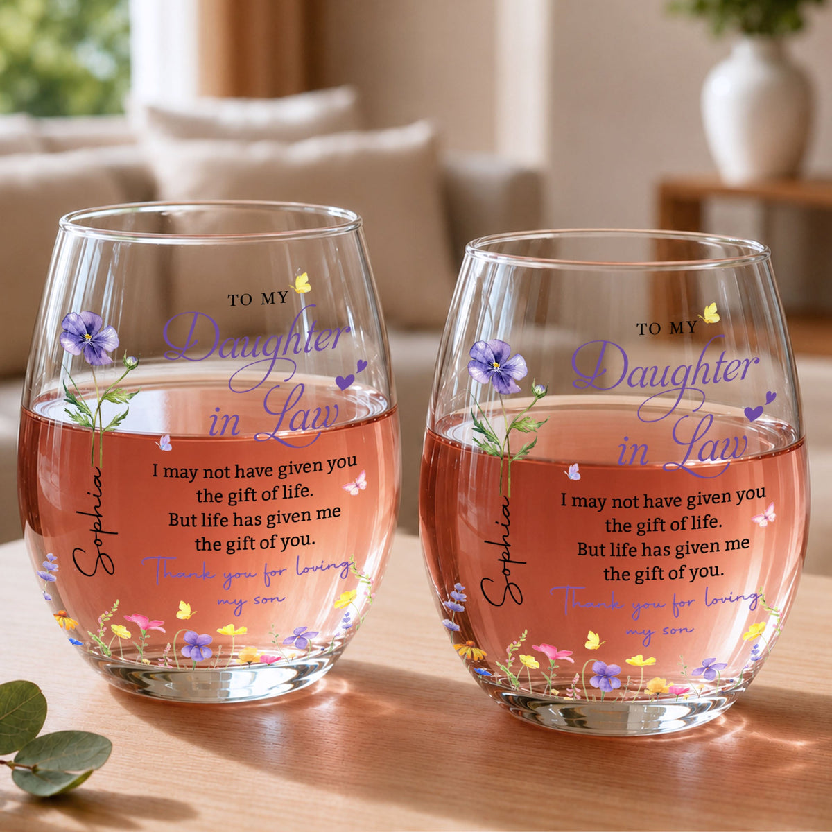 Personalized "To My Daughter-In-Law" Stemless Wine Glass - Custom 15oz Birth Flower Wine Cup - Bridal Shower, Birthday Gift for Her - 7