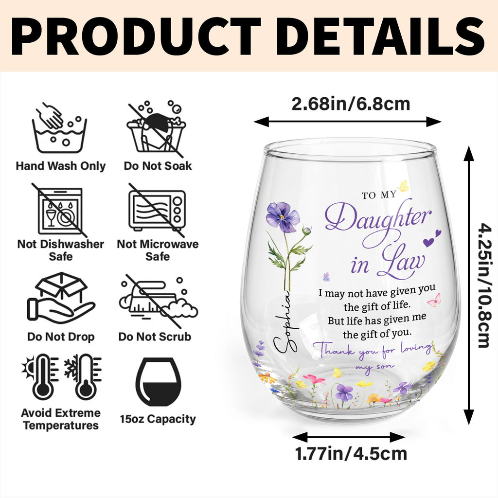 Personalized "To My Daughter-In-Law" Stemless Wine Glass - Custom 15oz Birth Flower Wine Cup - Bridal Shower, Birthday Gift for Her - 6