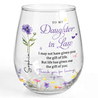Personalized "To My Daughter-In-Law" Stemless Wine Glass - Custom 15oz Birth Flower Wine Cup - Bridal Shower, Birthday Gift for Her - 8