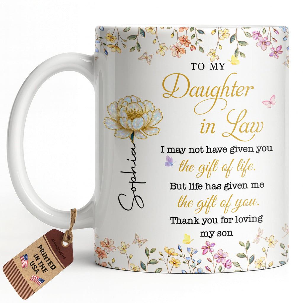 Personalized "To My Daughter-In-Law" Coffee Mug - Custom 11oz Ceramic Floral Tea Cup - Mother's Day, Birthday Gift for Daughter in Law - 13