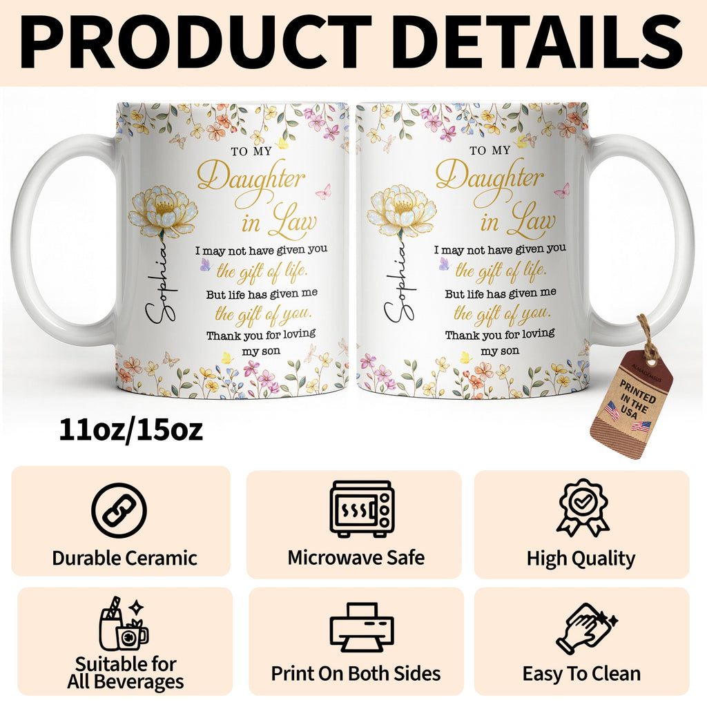 Personalized "To My Daughter-In-Law" Coffee Mug - Custom 11oz Ceramic Floral Tea Cup - Mother's Day, Birthday Gift for Daughter in Law - 10
