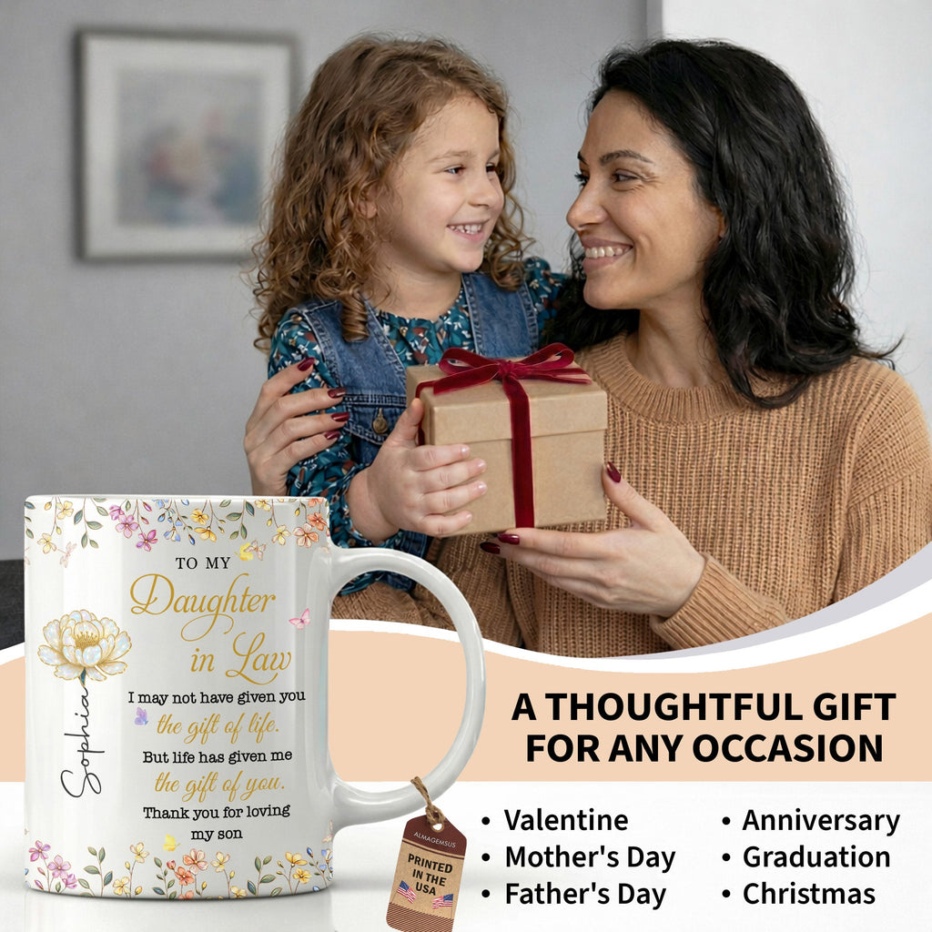 Personalized "To My Daughter-In-Law" Coffee Mug - Custom 11oz Ceramic Floral Tea Cup - Mother's Day, Birthday Gift for Daughter in Law - 11