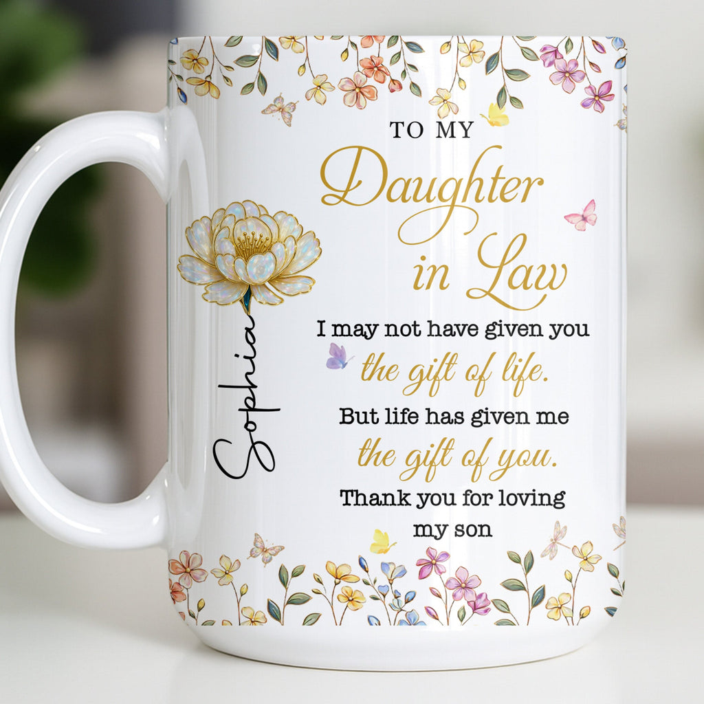 Personalized "To My Daughter-In-Law" Coffee Mug - Custom 11oz Ceramic Floral Tea Cup - Mother's Day, Birthday Gift for Daughter in Law - 12