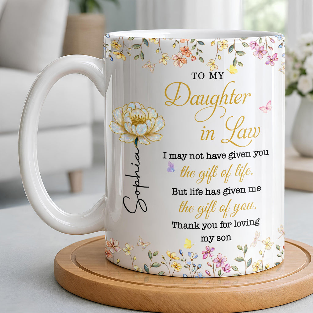Personalized "To My Daughter-In-Law" Coffee Mug - Custom 11oz Ceramic Floral Tea Cup - Mother's Day, Birthday Gift for Daughter in Law - 2