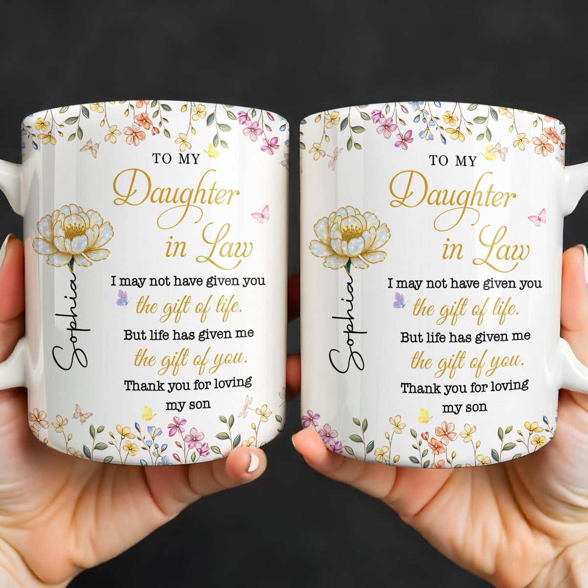 Personalized "To My Daughter-In-Law" Coffee Mug - Custom 11oz Ceramic Floral Tea Cup - Mother's Day, Birthday Gift for Daughter in Law - 4