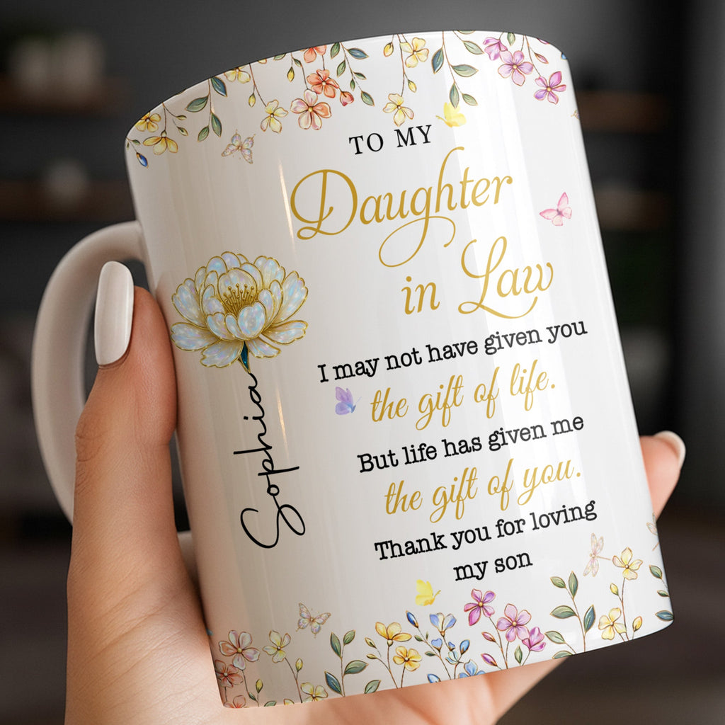 Personalized "To My Daughter-In-Law" Coffee Mug - Custom 11oz Ceramic Floral Tea Cup - Mother's Day, Birthday Gift for Daughter in Law - 5