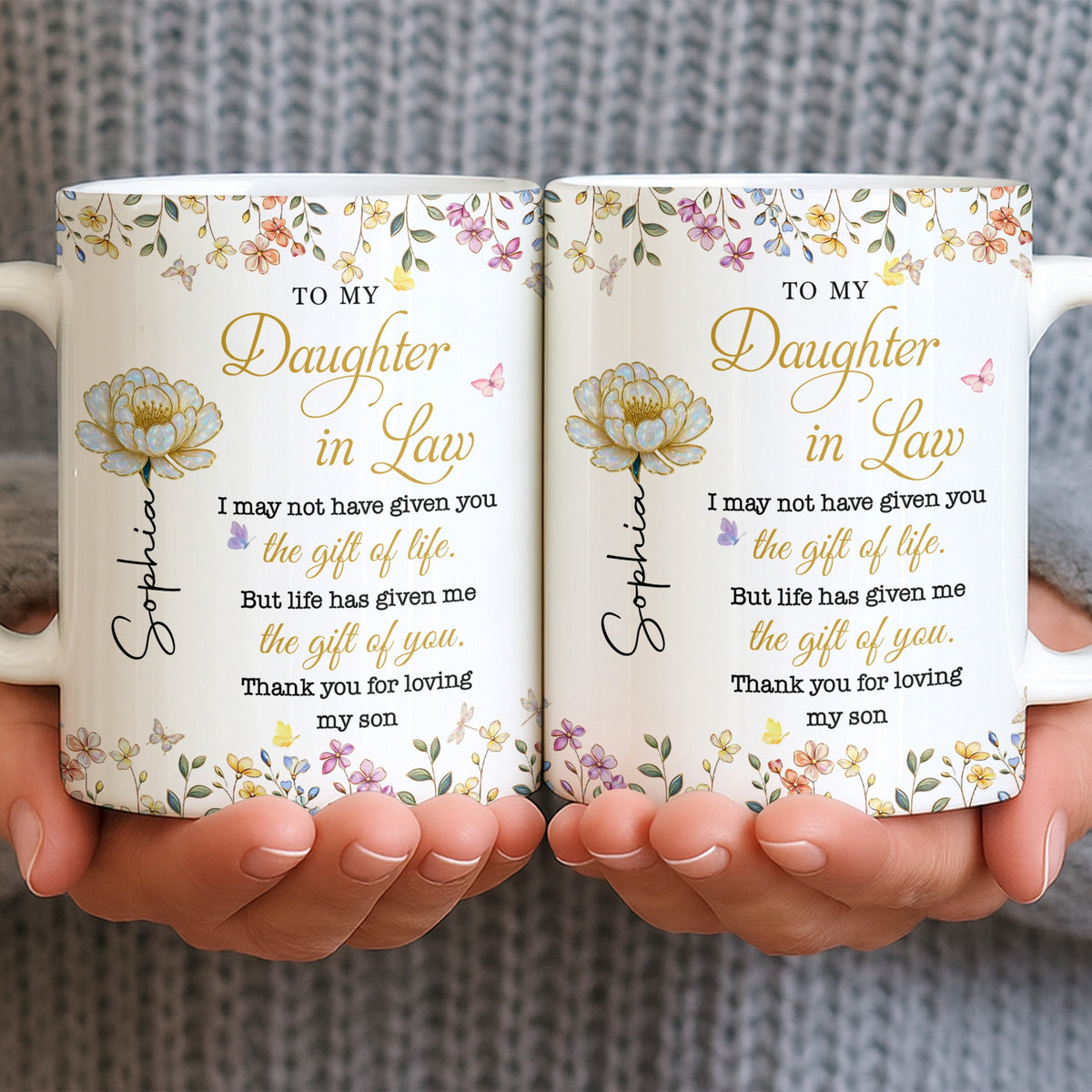 Personalized "To My Daughter-In-Law" Coffee Mug - Custom 11oz Ceramic Floral Tea Cup - Mother's Day, Birthday Gift for Daughter in Law - 6
