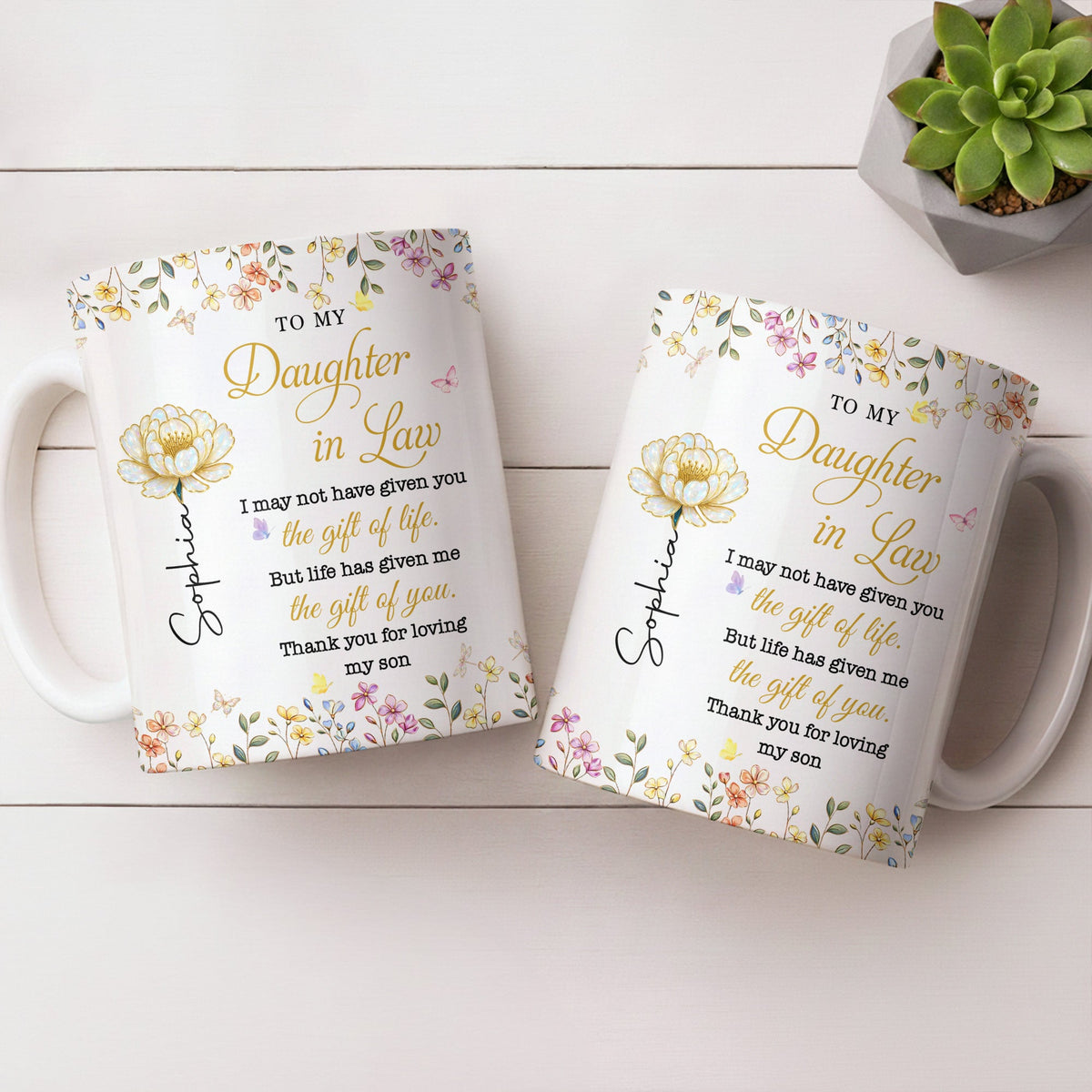Personalized "To My Daughter-In-Law" Coffee Mug - Custom 11oz Ceramic Floral Tea Cup - Mother's Day, Birthday Gift for Daughter in Law - 7