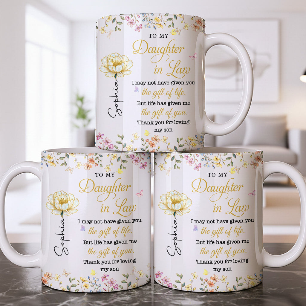 Personalized "To My Daughter-In-Law" Coffee Mug - Custom 11oz Ceramic Floral Tea Cup - Mother's Day, Birthday Gift for Daughter in Law - 8