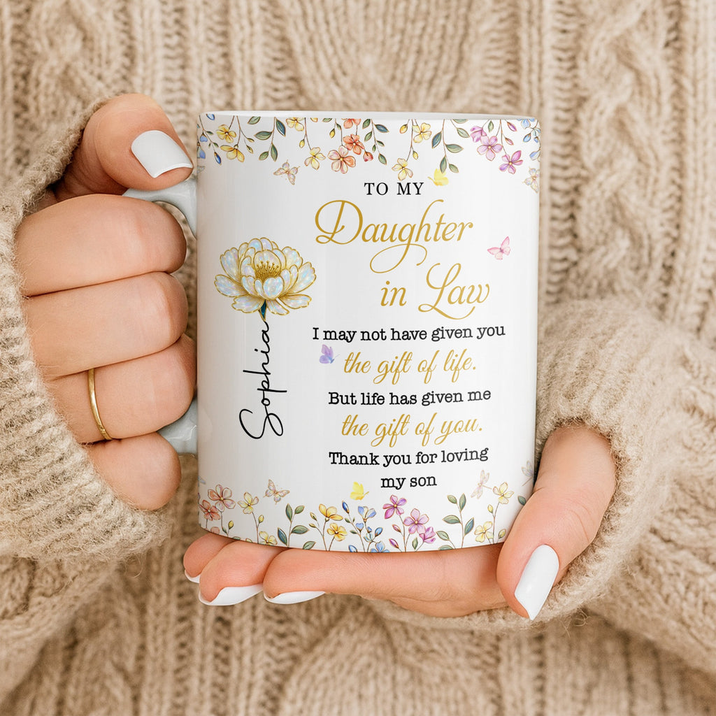 Personalized "To My Daughter-In-Law" Coffee Mug - Custom 11oz Ceramic Floral Tea Cup - Mother's Day, Birthday Gift for Daughter in Law - 9