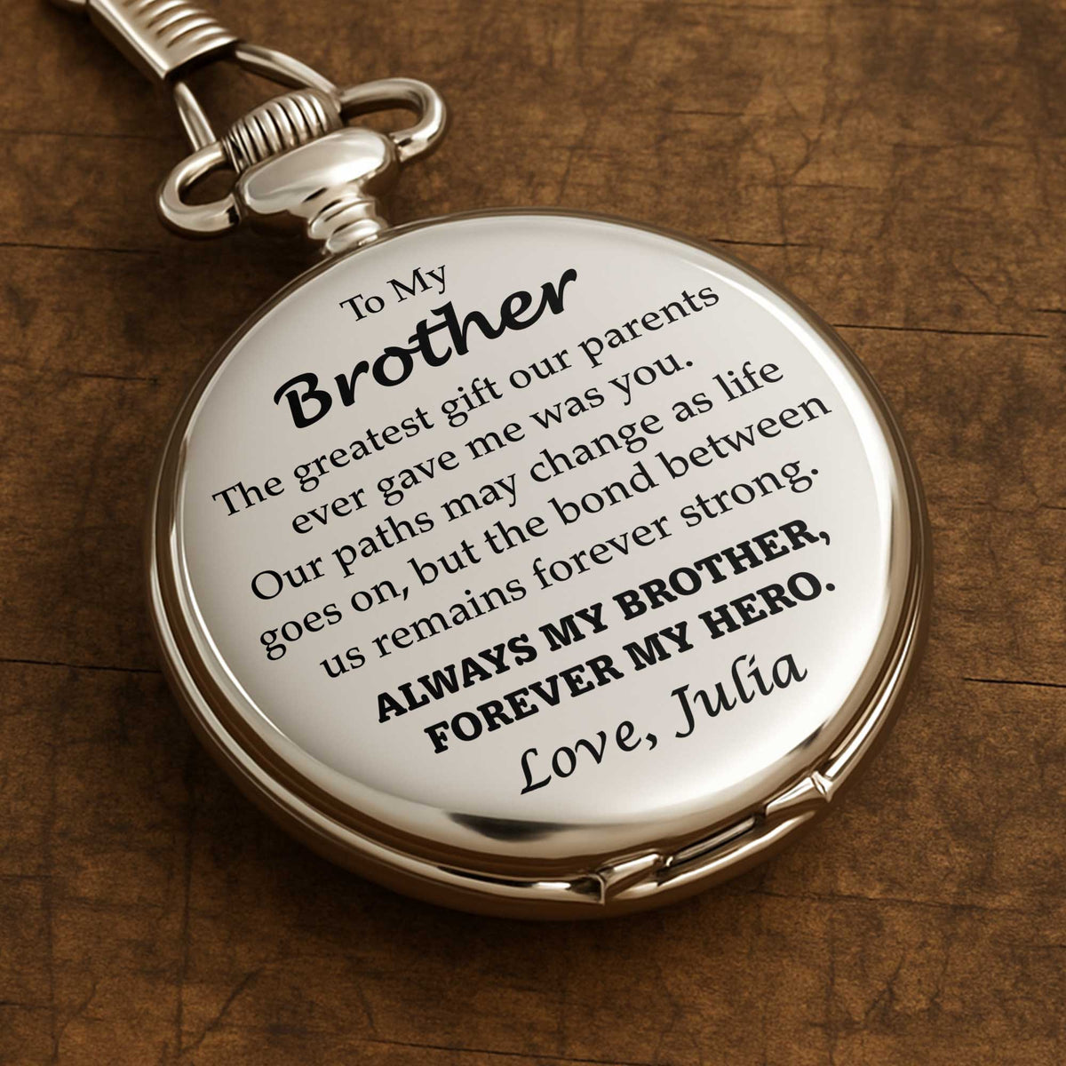 Personalized "To My Brother" Pocket Watch - Custom Engraved Quartz Vintage Watch with Chain - Birthday, Wedding Day Keepsake Gift for Him - 1