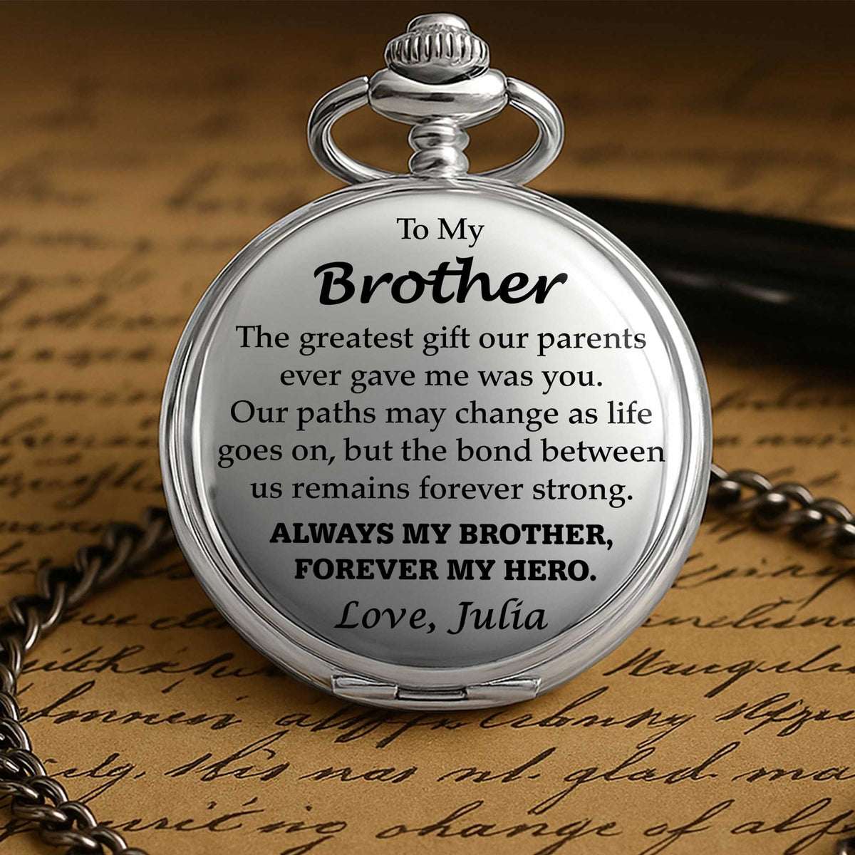 Personalized "To My Brother" Pocket Watch - Custom Engraved Quartz Vintage Watch with Chain - Birthday, Wedding Day Keepsake Gift for Him - 5