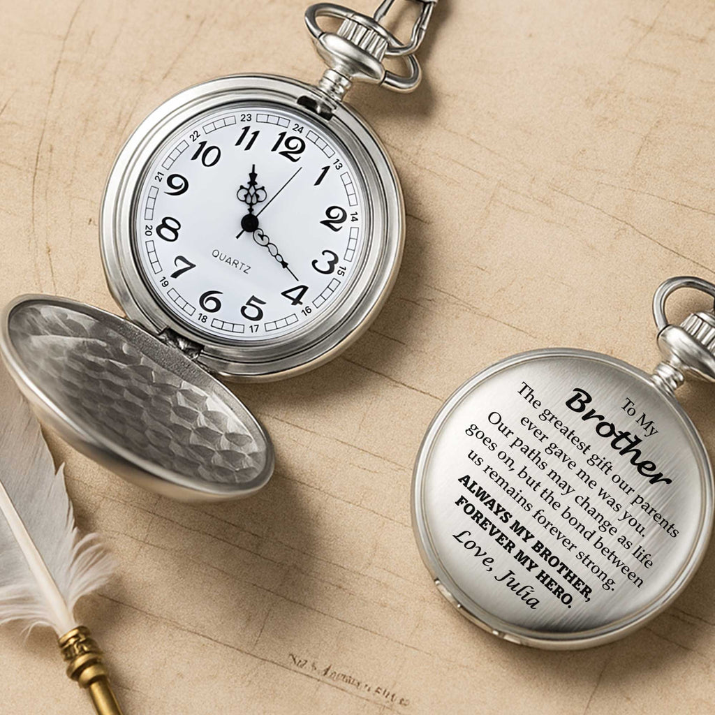 Personalized "To My Brother" Pocket Watch - Custom Engraved Quartz Vintage Watch with Chain - Birthday, Wedding Day Keepsake Gift for Him - 6