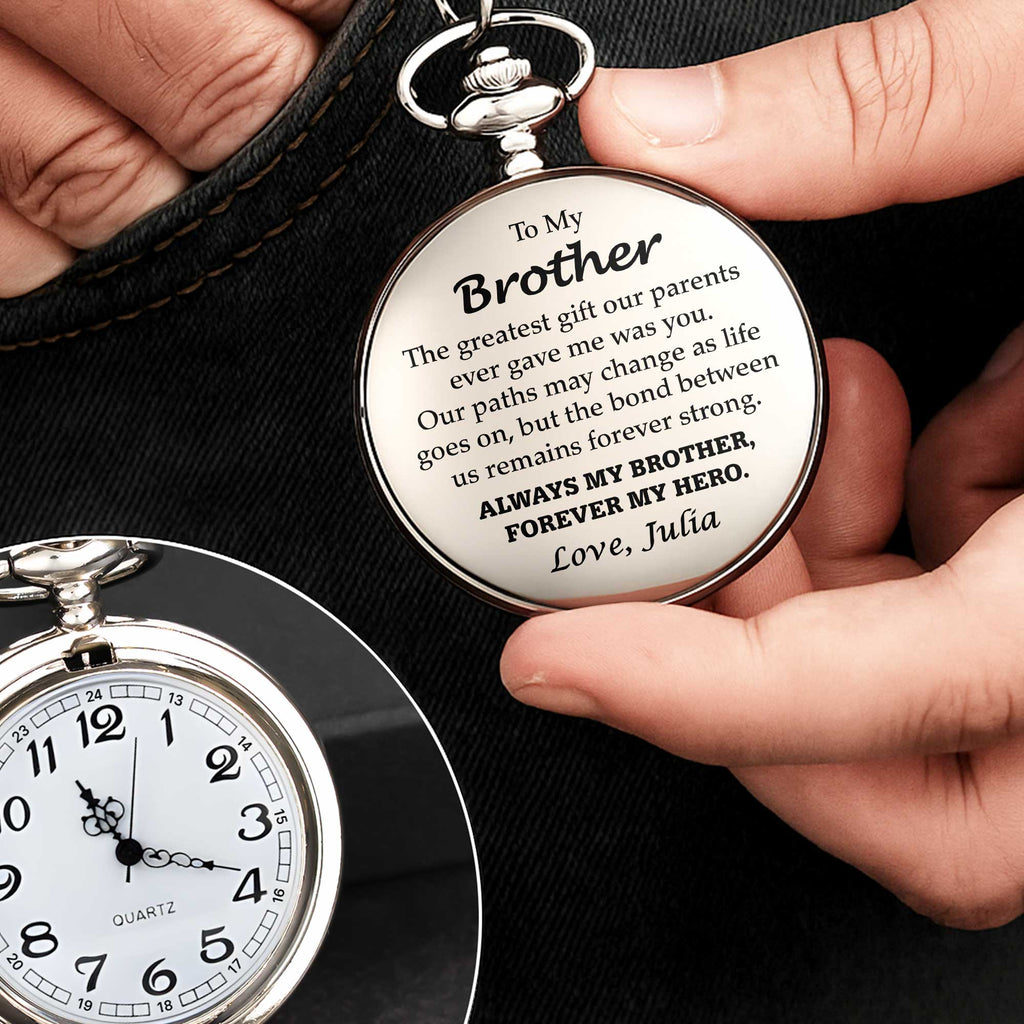Personalized "To My Brother" Pocket Watch - Custom Engraved Quartz Vintage Watch with Chain - Birthday, Wedding Day Keepsake Gift for Him - 3
