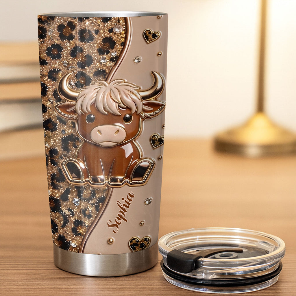 Custom Highland Cow 20oz Stainless Steel Tumbler - Personalized Cute Cow Lover Gift - Insulated Travel Coffee Mug with Lid for Women - 3