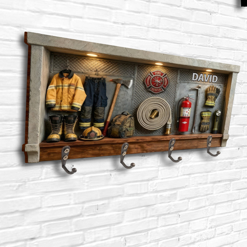 Personalized Firefighter Key Holder for Wall - Custom Hero Fire Dept Wooden Key Hanger - Housewarming Gift for Firefighter Families - 7