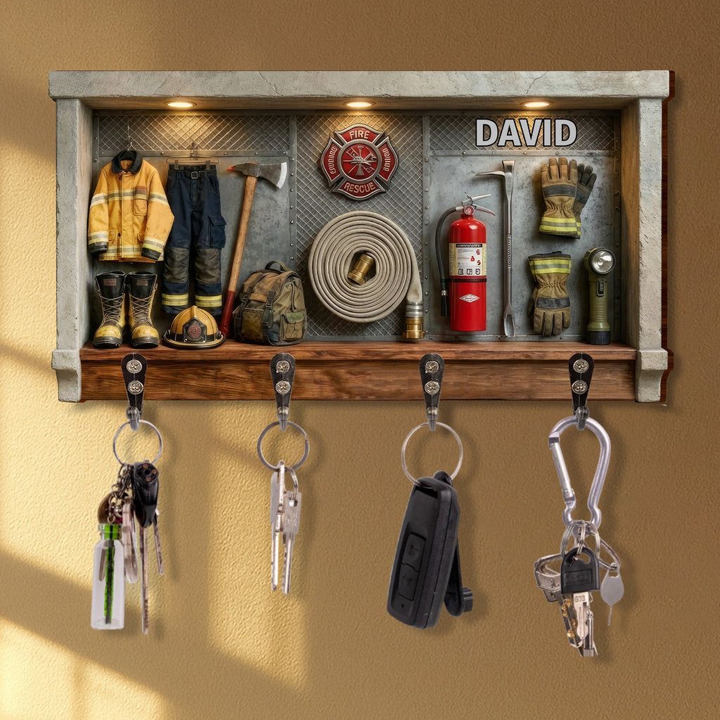 Personalized Firefighter Key Holder for Wall - Custom Hero Fire Dept Wooden Key Hanger - Housewarming Gift for Firefighter Families - 1