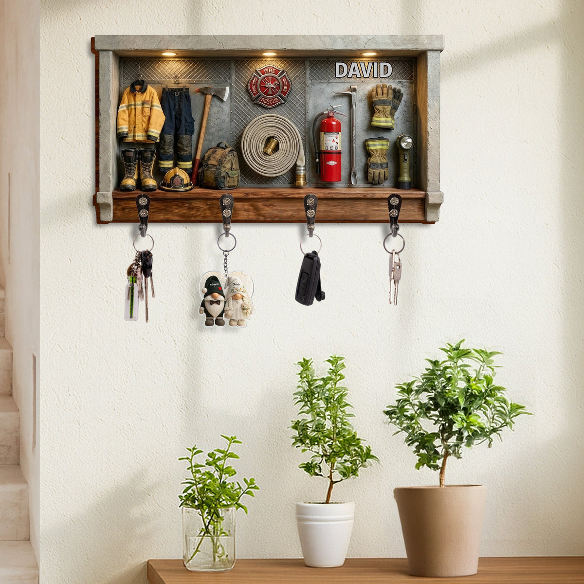 Personalized Firefighter Key Holder for Wall - Custom Hero Fire Dept Wooden Key Hanger - Housewarming Gift for Firefighter Families - 4