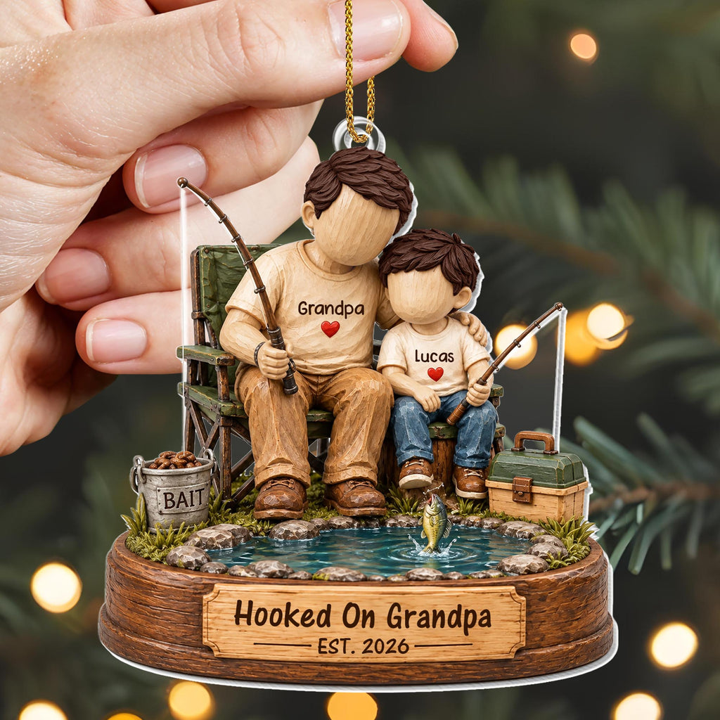 Hooked On Grandpa, Personalized Custom Acrylic Ornament, Gift For Grandpa - 3