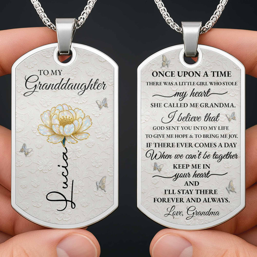 To My Granddaughter Love You Forever Flower Necklace,Personalized Custom Dog Tag Necklace,Gift For Granddaughters - 1