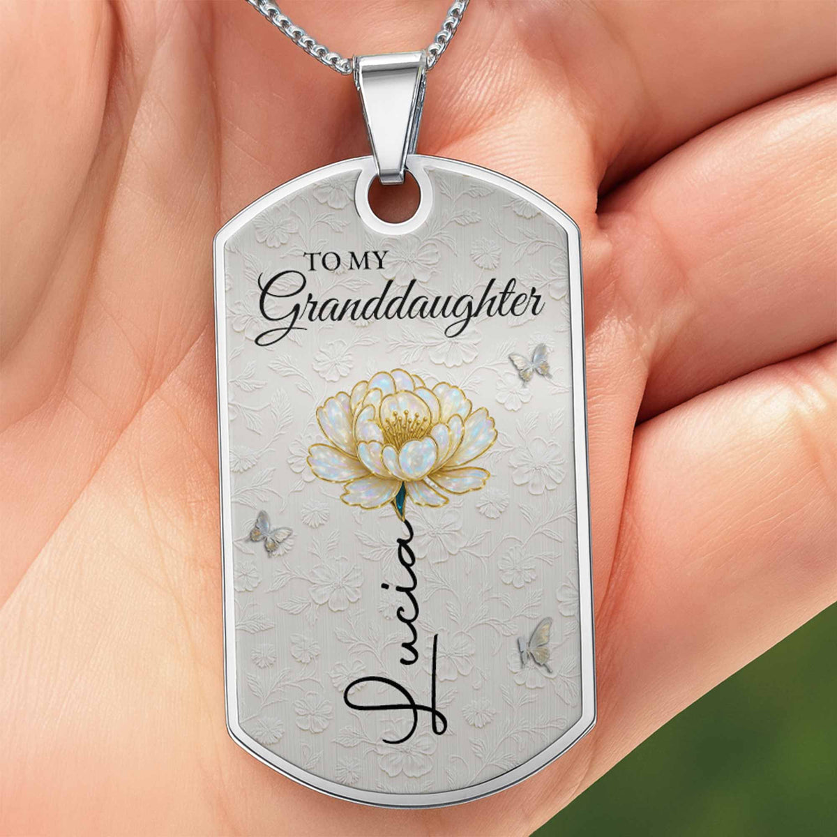 To My Granddaughter Love You Forever Flower Necklace,Personalized Custom Dog Tag Necklace,Gift For Granddaughters - 7