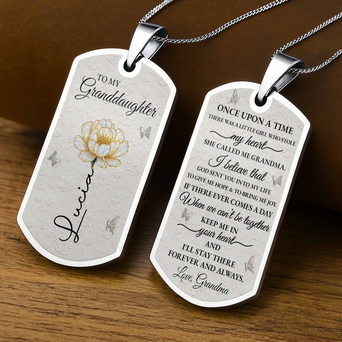 To My Granddaughter Love You Forever Flower Necklace,Personalized Custom Dog Tag Necklace,Gift For Granddaughters - 2